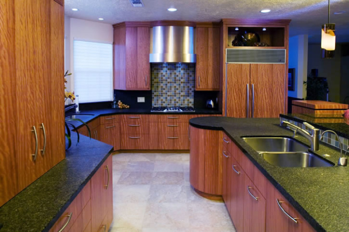 Contemporary block mottled makore kitchen cabinets