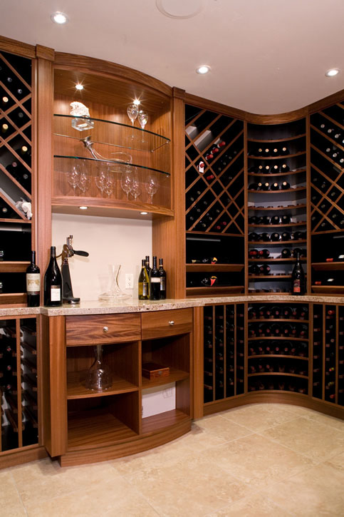 Wine room with lighted glass display